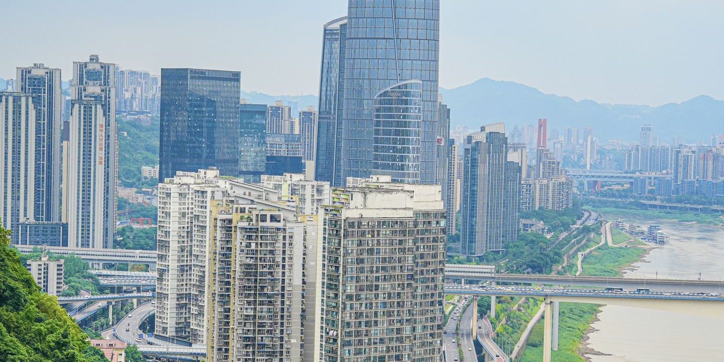 View from the Eling trestle walkway over central Chongqing's high-rises and the river