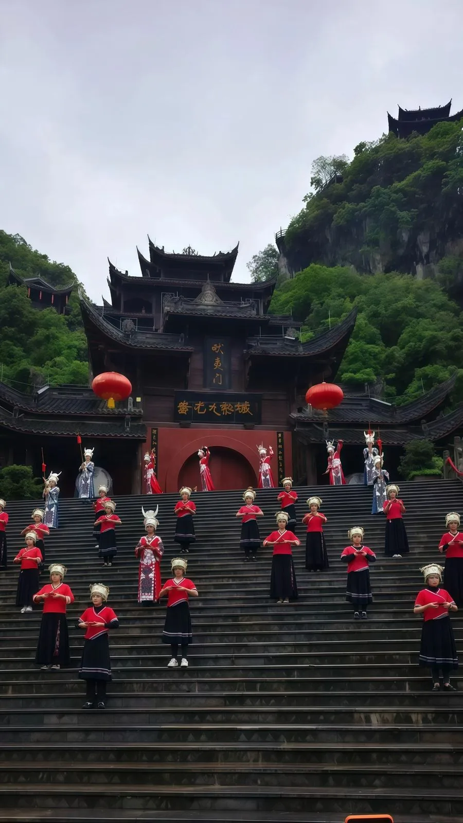 Costumed performers on the grand steps at Chiyou Jiuli City